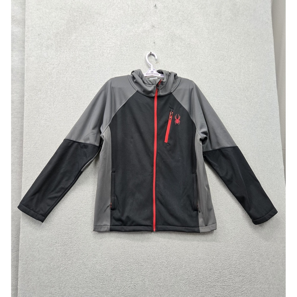 Spyder Men Jacket L Black Colorblock Hooded Softshell Logo Fleece Full Zip